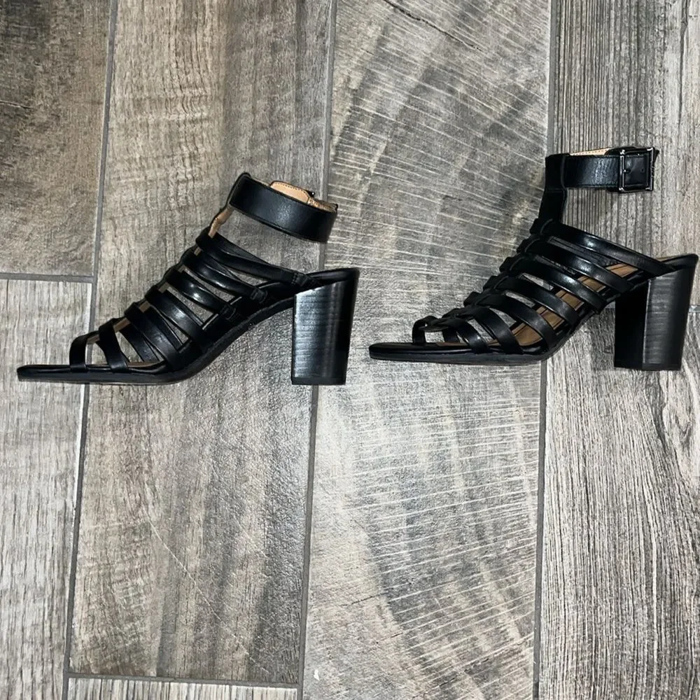 Vionic black Sami  leather ankle strap caged 3.5” block sturdy heels